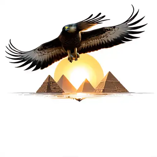 detailed falcon flying parallel over the horizon, sun setting, in the distance 3 pyramids  tattoo design idea