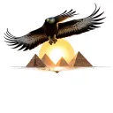 detailed falcon flying parallel over the horizon, sun setting, in the distance 3 pyramids  tattoo design idea