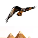 detailed falcon flying parallel over the horizon, sun setting, in the distance 3 pyramids  tattoo design idea