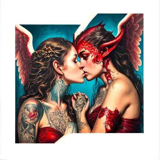 angel girl kissing demon girl tattoo design idea