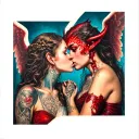 angel girl kissing demon girl tattoo design idea
