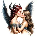 angel girl kissing demon girl tattoo design idea