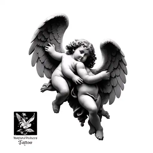 Realistic black and grey forearm tattoo featuring two cherub angels with soft, detailed wings emerging from dark, dramat tattoo design idea