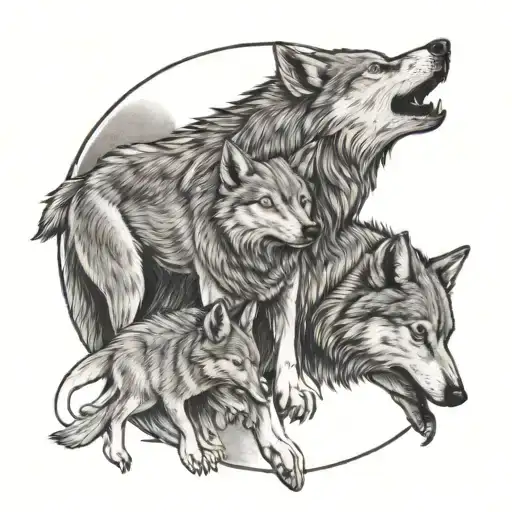 wolf and wolf baby howling at the moon  tattoo design idea