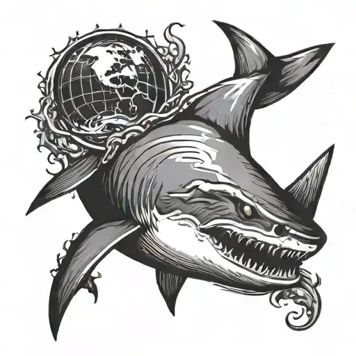 earth sign and shark swimming tattoo design idea
