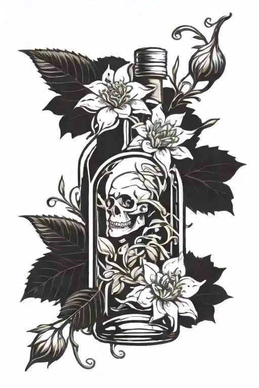 Flower growing down w tequila bottle tattoo design idea
