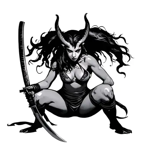 she-devil squatting with a katana tattoo design idea