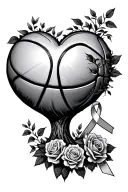 basketball merging into tree in a heart shape surrounded by roses with a cancer ribbon tattoo design idea
