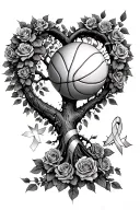 basketball merging into tree in a heart shape surrounded by roses with a cancer ribbon tattoo design idea