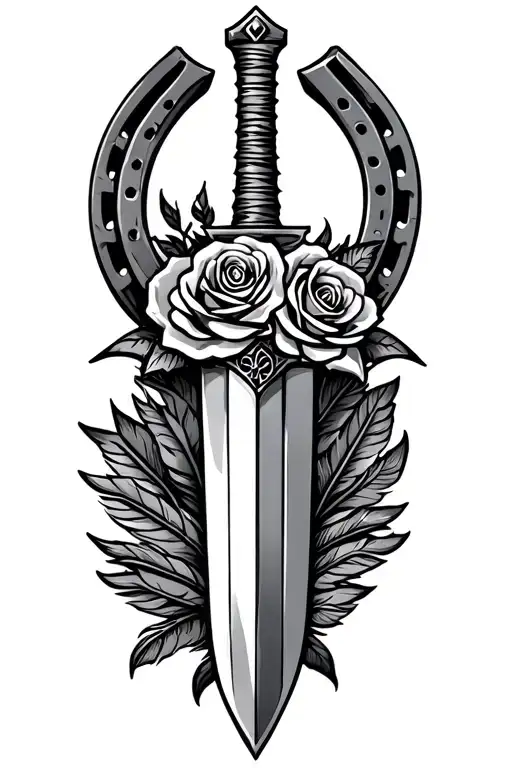 sword with horseshoe pummel with roses feathers  tattoo design idea