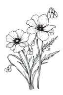 2 Poppys, lily of the valley and a Snowdrop flower bouquet tattoo design idea