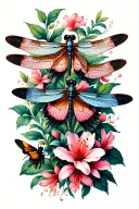 unique dragonflies and butterflies intertwined  with trailing belladonna and oleander flowers tattoo design idea
