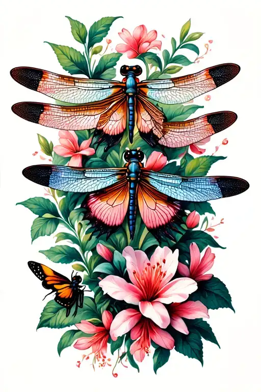unique dragonflies and butterflies intertwined  with trailing belladonna and oleander flowers tattoo design idea