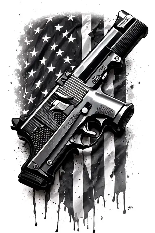 . 45 handgun, tattered American flag, triumph motorcycle forks, ford model A tattoo design idea