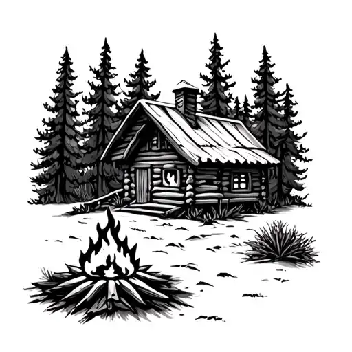 cabin in woods with lit camp fire tattoo design idea