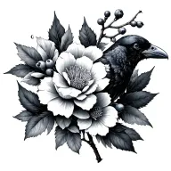 raven and blackthorn flower blooming tattoo design idea