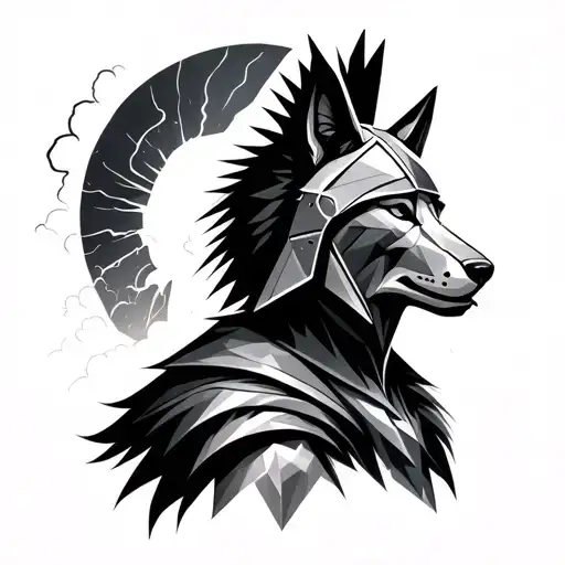 a geometric wolf wearing a spartan helmet with the mohawk thing up top looking to the right with a storm behind him tattoo design idea