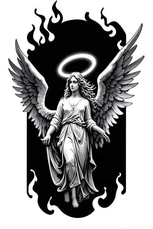 guardian angel, wings, flames, halo tattoo design idea
