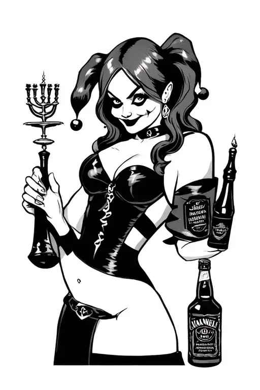 THE HARLEY QUINN FROM THE NEW 2019 ANIMATED SERIES HOLDING A MENORAH IN ONE HAND AND A BOTTLE OF JACK DANIELS IN THE OTH tattoo design idea
