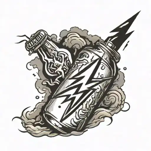 lightning bolt striking a bottle on its side with a broken heart in it tattoo design idea