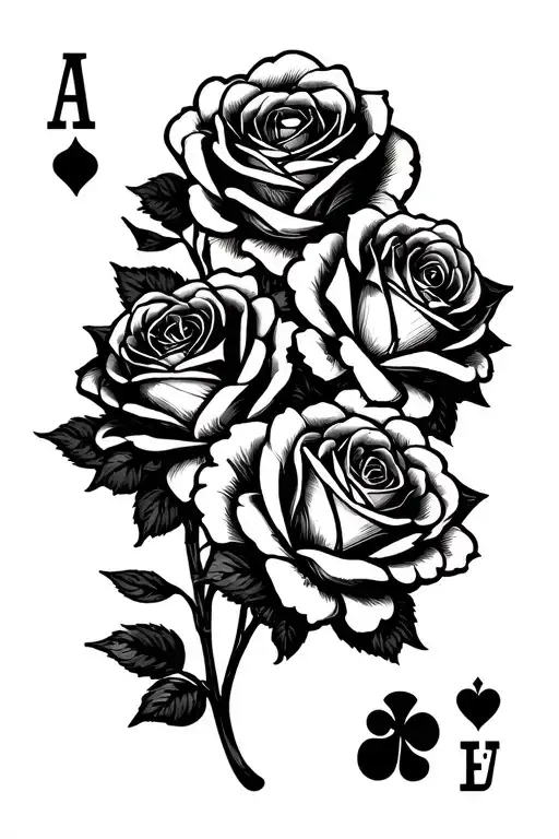  four poker aces positioned staggered vertically surrounded by roses tattoo design idea