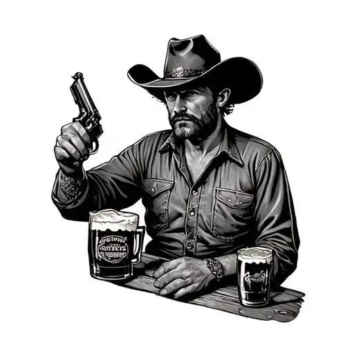 black and grey smooth shading of a western style old cowboy sitting at the bar drinking beer with a gun on his hip  tattoo design idea