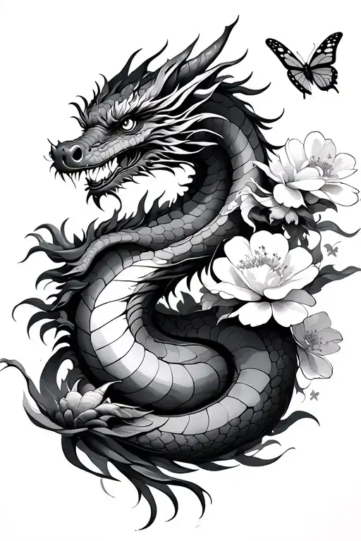 Japanese style, dragon, sakura, butterflies. tattoo design idea