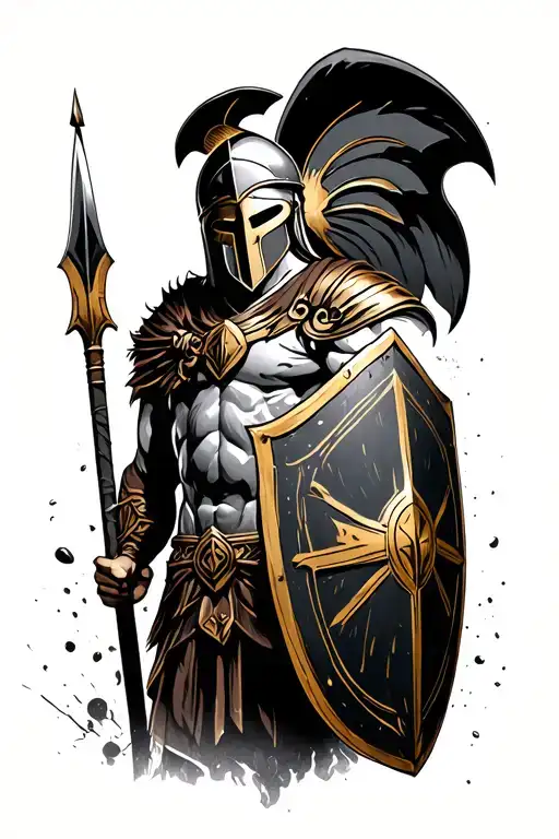 spartan with shield and spear, black and gold tattoo design idea