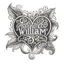 Design a tattoo of a beautiful bracelet with a heart charm that has the name 'William' engraved on it, representing the love for your favorite bracelet tattoo design idea