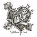 Design a tattoo of a beautiful bracelet with a heart charm that has the name 'William' engraved on it, representing the love for your favorite bracelet tattoo design idea