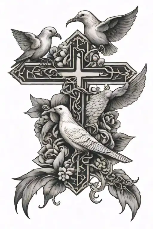 cross with doves flying around it , snake wrapped around the cross  tattoo design idea