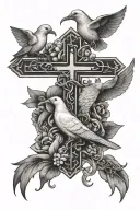 cross with doves flying around it , snake wrapped around the cross  tattoo design idea