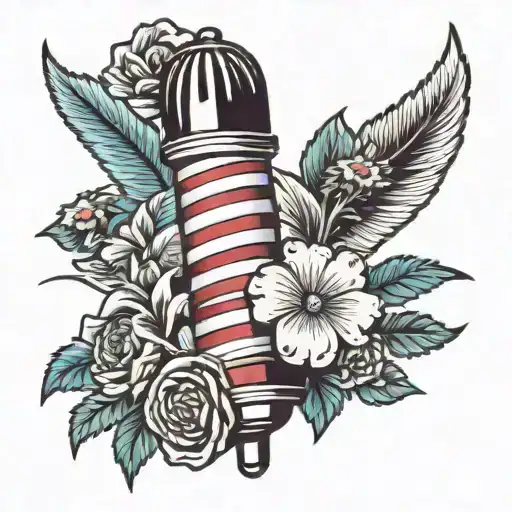 barber pole surrounded by flowers tattoo design idea