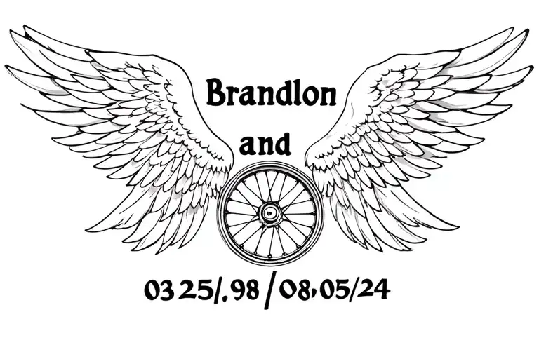 "Brandon and 03/25/98-08/05/24" angel wings with motorcycle wheel in center. more feminine tattoo design idea