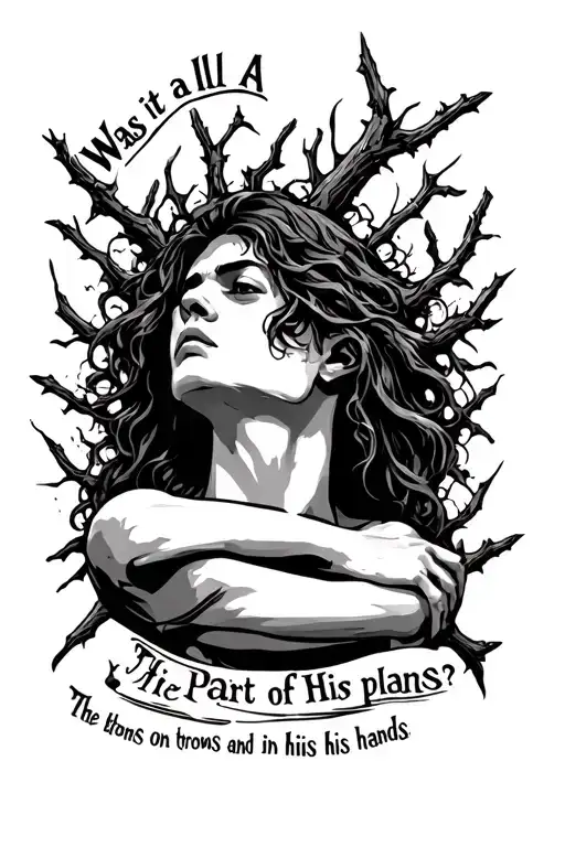 Thigh Tattoo with the quote 'Was it all a part of His plans? The thorns on His brow and the nails in his hands.' tattoo design idea