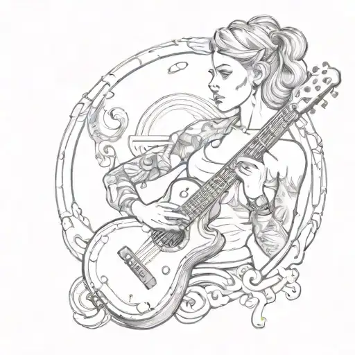A sketch tattoo of a woman holding a guitar with a kettlebell in the background, combining your love for music, women, and kettlebell sport tattoo design idea