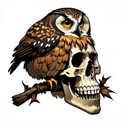 owl perched on skull tattoo design idea