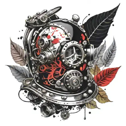 kirby Morgan diving helmet with leaves from 5NOK coin behind it tattoo design idea