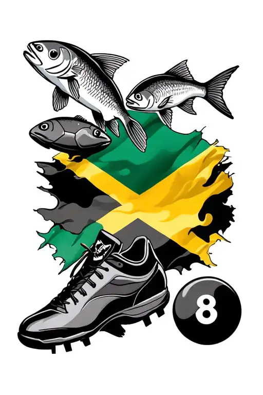 Jamaican flag, fishes, football, football boots, all seeing, Virgo symbol, Taurus symbol and a 8 ball tattoo design idea