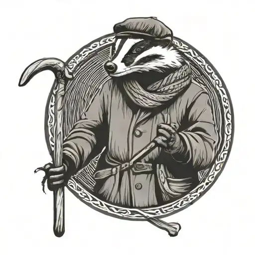 badger wearing a black and white scarf and a flat cap holding a walking stick tattoo design idea