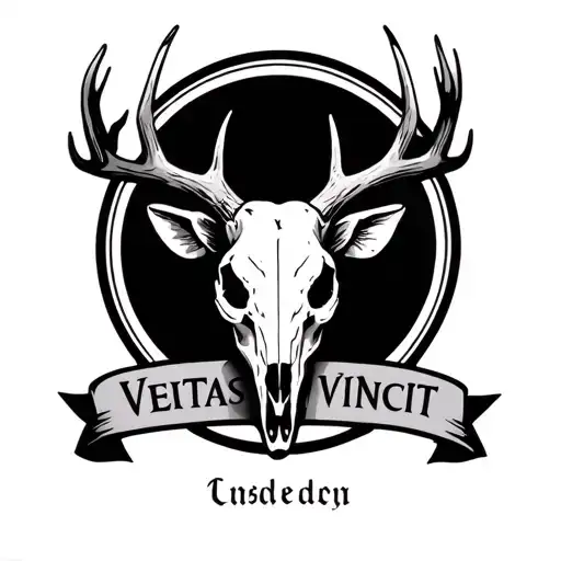 Forward facing Deer Skull with "Veritas Vincit" written under it. No circle tattoo design idea
