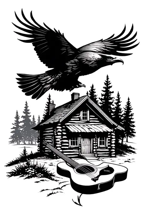 Log Cabin With An Acoustic Guitar In Front And An Eagle Flying Above. Nature Scene Tattoo tattoo design idea