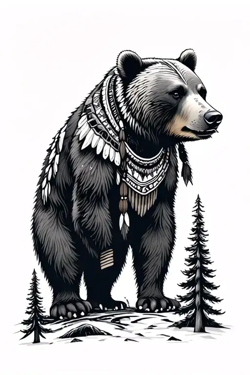 native American style bear, tall conifer trees looking through lens tattoo design idea