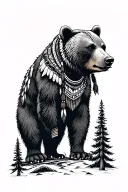 native American style bear, tall conifer trees looking through lens tattoo design idea