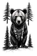 native American style bear, tall conifer trees looking through lens tattoo design idea