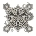 DMT molecule merging with a Christian cross combined with stoic images.  tattoo design idea