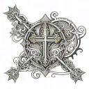 DMT molecule merging with a Christian cross combined with stoic images.  tattoo design idea