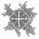 DMT molecule merging with a Christian cross combined with stoic images.  tattoo design idea