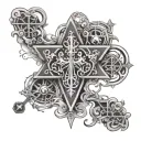 DMT molecule merging with a Christian cross combined with stoic images.  tattoo design idea