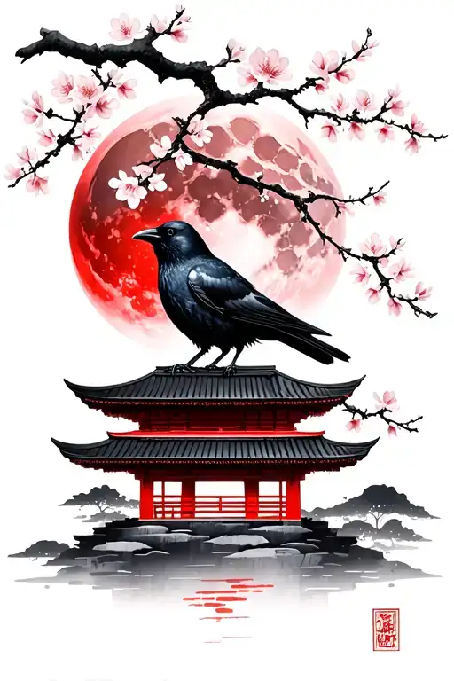 cherry blossom, crow, red moon, Japanese structures tattoo design idea